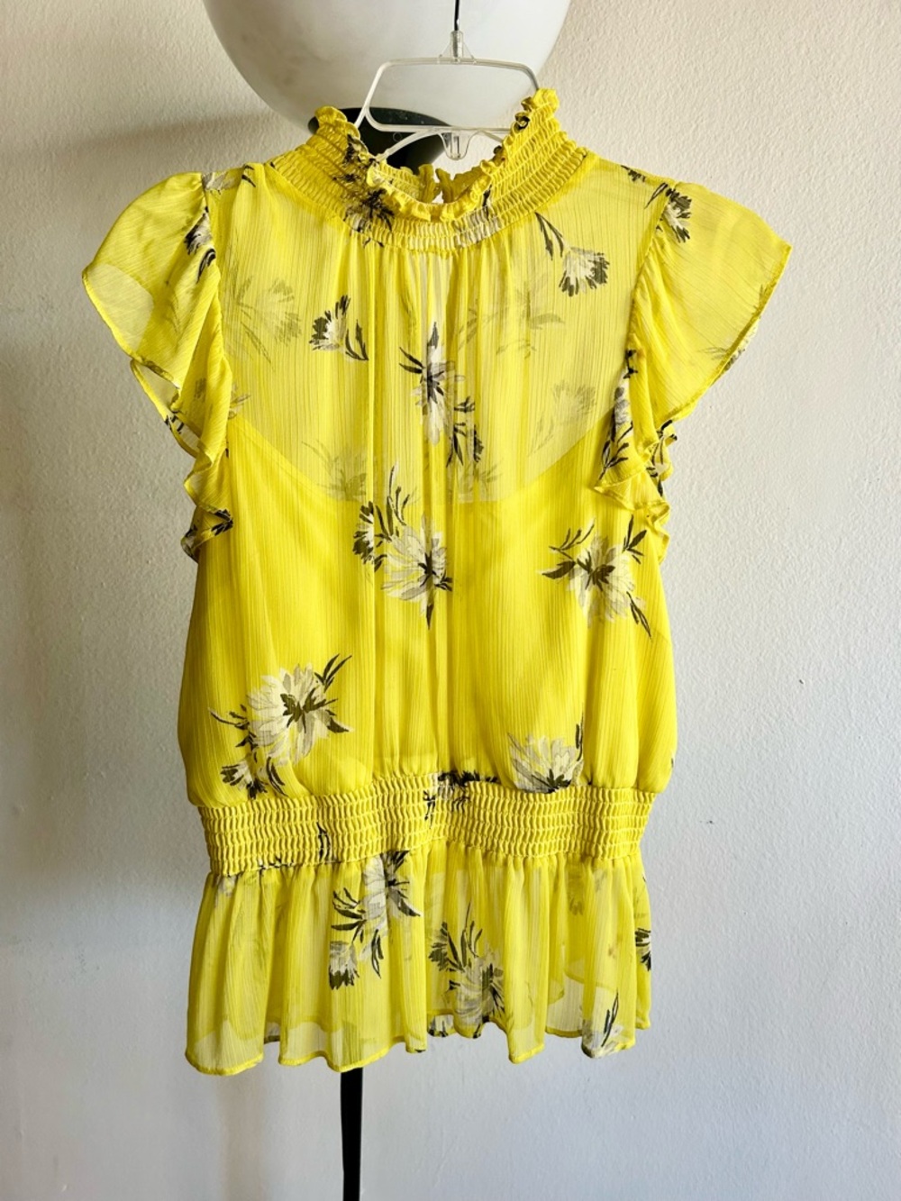 Yellow Floral Smocked-Neck Blouse for Women